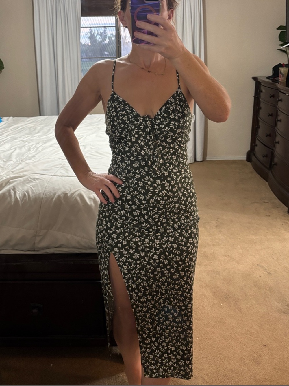 Spaghetti-Strap Floral Midi Dress in Dark Green